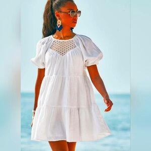 NwtLilly Pulitzer Charlet Short Puff Sleeve 100% Linen Dress Size 4 White Tiered